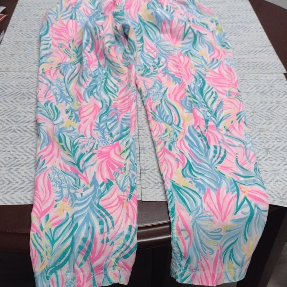 Lilly Pulitzer 100% linen Pink and Blue Tropical Pants - Picture 7 of 16